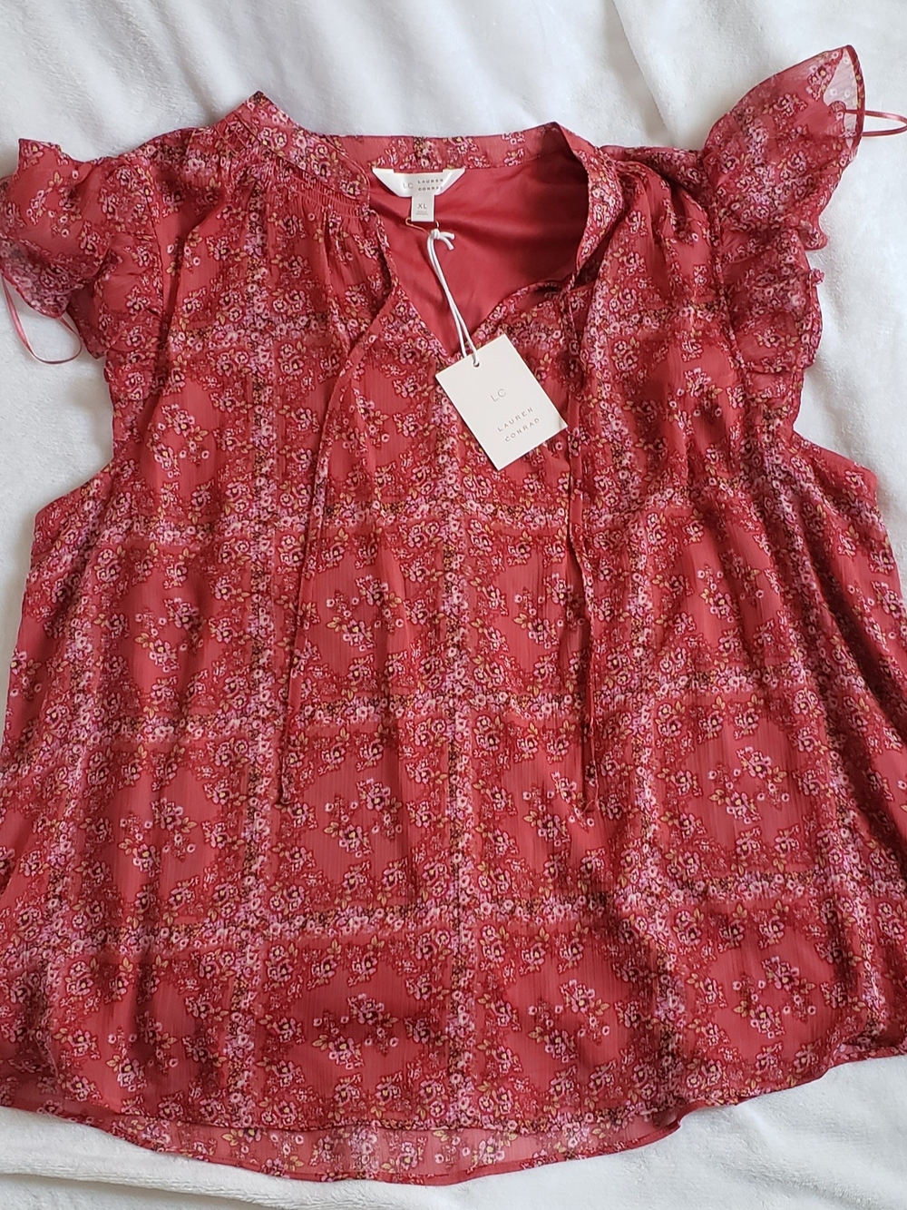 LC Lauren Conrad Rose-Red Floral Ruffle Sleeve Top